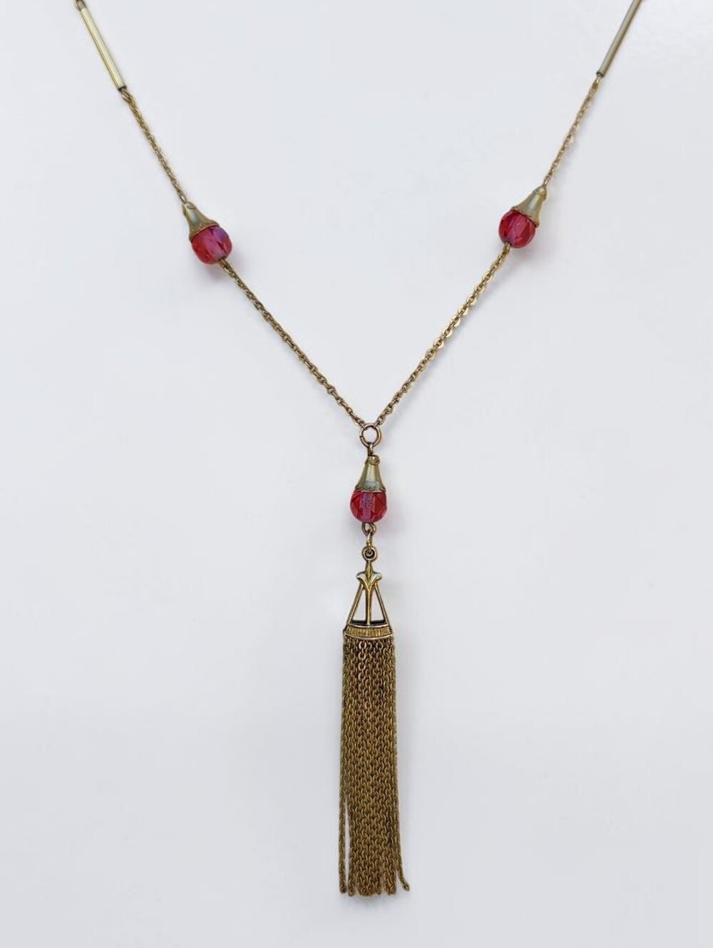 Antique Gold Filled Ruby Czech Glass Tassel Necklace